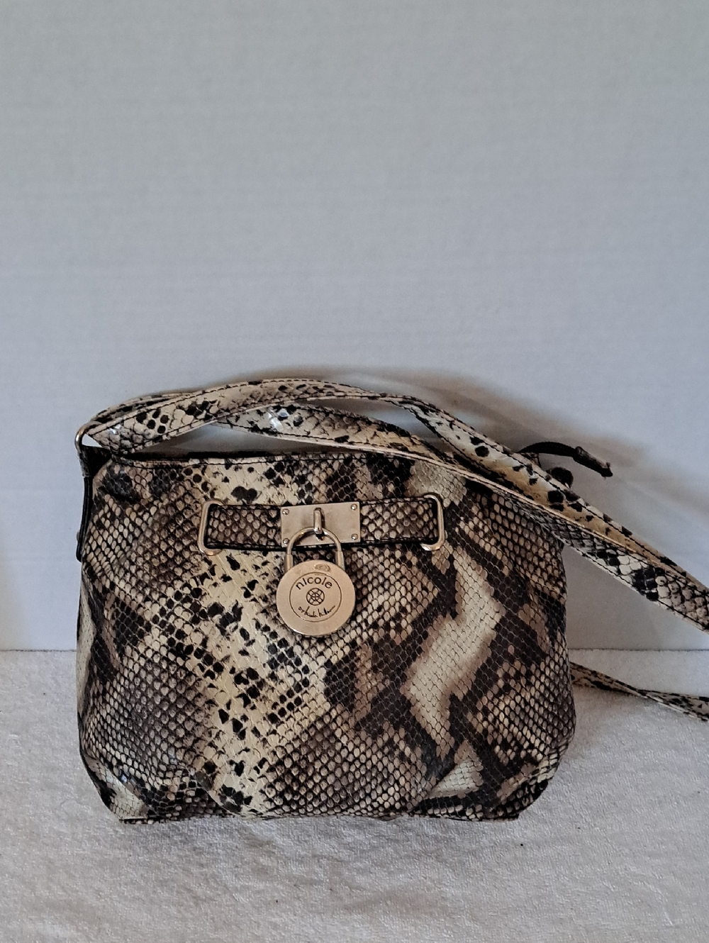 Nicole Miller Snake-Print Crossbody Bag in Beige and Black